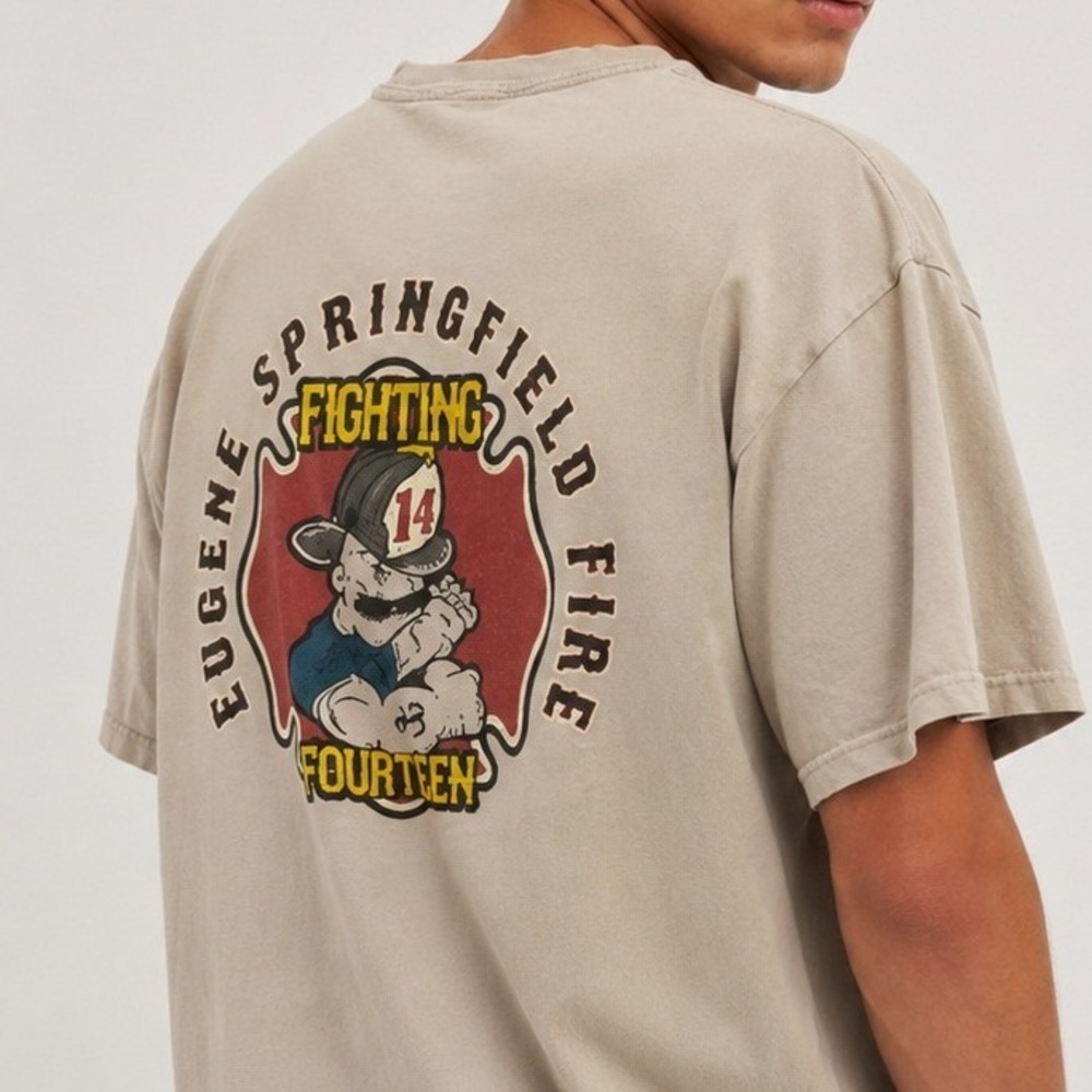 Firehouse Shirt Club Eugene Springfield Fire Fighting 14 Graphic Tee Mens XL Tan